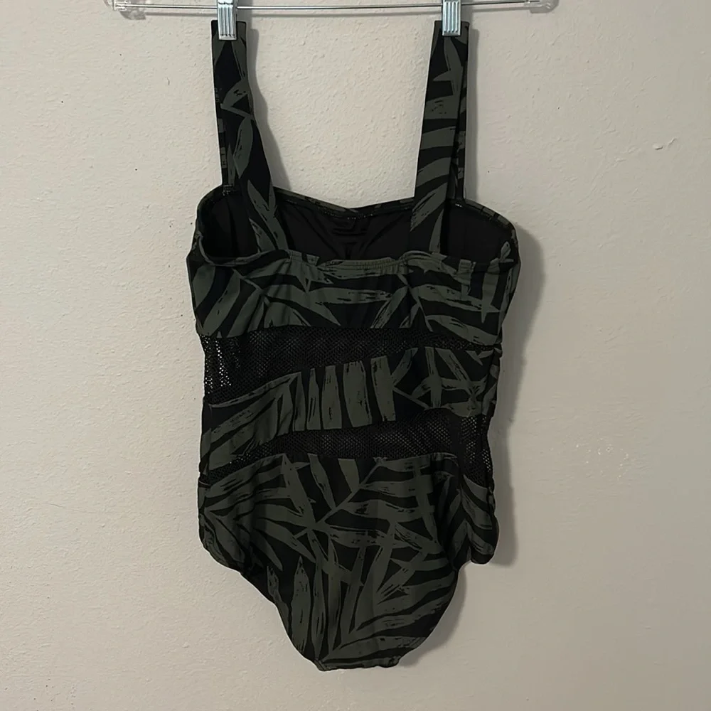 NWT Carmen Marc Valvo one piece swimsuit. Black w/green palms, mesh, size 12.